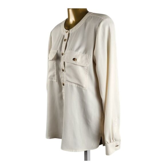 LOFT Small Off-White Henley Utility  Semi Sheer Blouse Button Front Long Sleeves - Picture 4 of 12